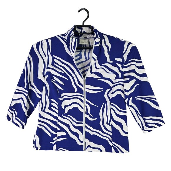 Womens Chicos Zenergy Blue & White Zebra Print Jacket Full Zip Polyester Size 1 - Picture 1 of 8